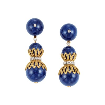 Lot 100 - Pair of Gold, Sodalite and Diamond Pendant-Earclips