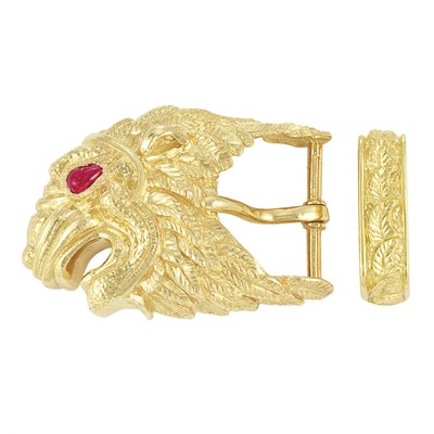 Lot 158 - Gold and Cabochon Red Spinel Eagle Head Belt Buckle, David Webb