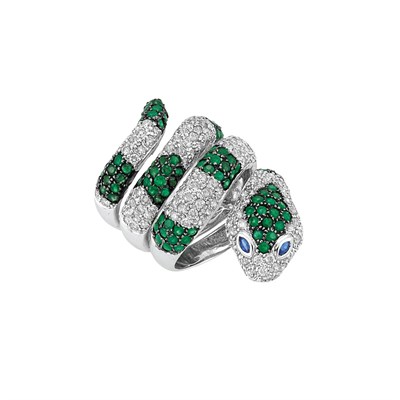 Lot 201 - White Gold, Diamond and Emerald Snake Ring