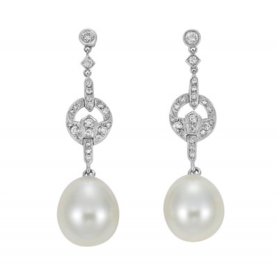 Lot 257 - Pair of Platinum, Diamond and Cultured Pearl Pendant-Earrings