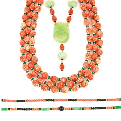 Lot 1189 - Group of Assorted Imitation Coral and Jade Necklaces