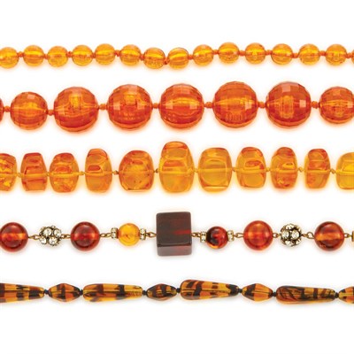 Lot 1161 - Group of Assorted Amber Colored Bead and Rhinestone Necklaces