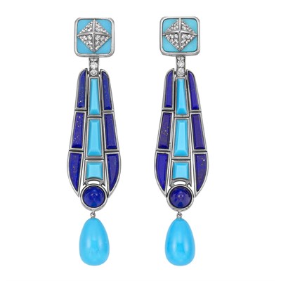 Lot 351 - Pair of White Gold, Turquoise, Lapis and Diamond Pendant-Earclips, Fred Leighton