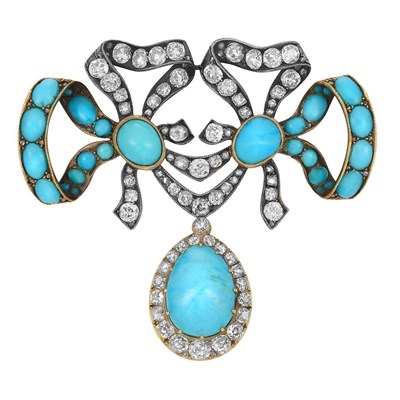 Lot 282 - Antique Silver, Gold, Turquoise and Diamond Bow Brooch