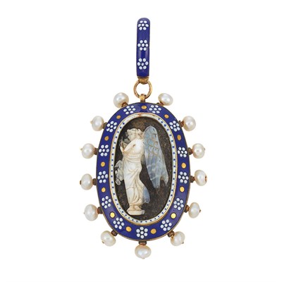 Lot 296 - Renaissance Revival Gold, Boulder Cameo, Enamel and Seed Pearl Pendant, Carlo Giuliano