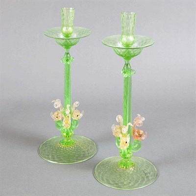 Lot 1098 - Pair of Murano Green Glass Candlesticks Each...