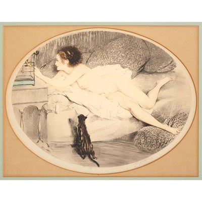 Lot 1217 - P.E. Felix [WOMAN AND CAT] Color etching and...