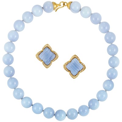 Lot 216 - Periwinkle Blue Chalcedony Bead and Gold Necklace and Pair of Carved Chalcedony and Diamond Earclips