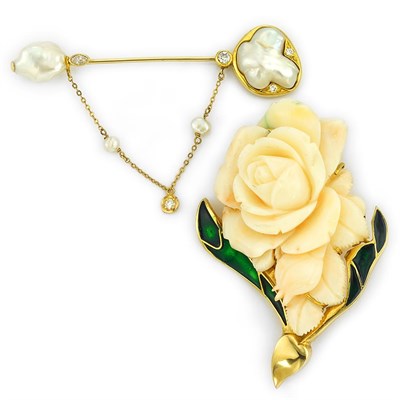 Lot 208 - Gold, Carved Coral and Enamel Flower Brooch and Keshi Pearl and Diamond Jabot