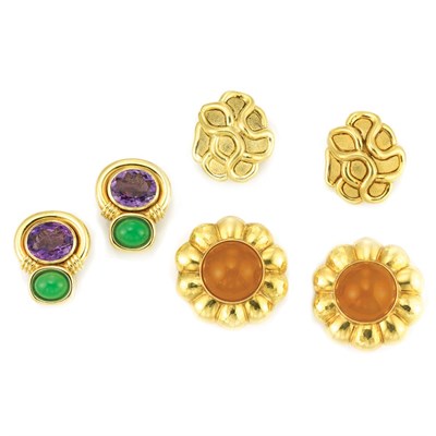 Lot 13 - Three Pairs of Gold and Gem-Set Earclips, Tambetti