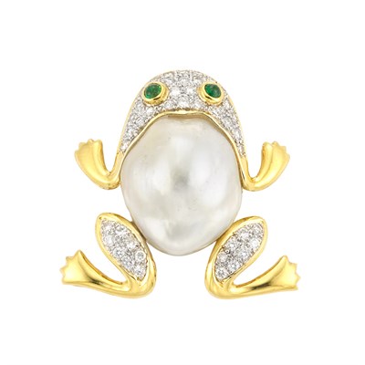 Lot 121 - Gold, Baroque Cultured Pearl, Diamond and Cabochon Emerald Frog Brooch