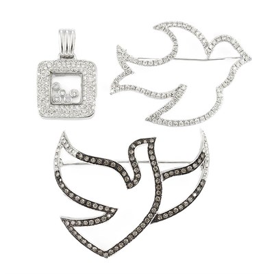 Lot 111 - White Gold, Diamond and Crystal Pendant and Two Diamond and Brown Diamond Brooches