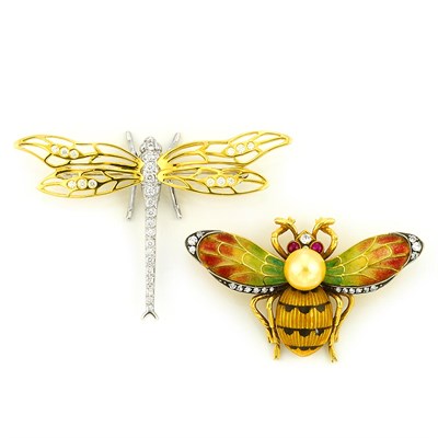 Lot 636 - Gold and Diamond Dragonfly Brooch and Enamel, Cultured Pearl and Diamond Insect Brooch