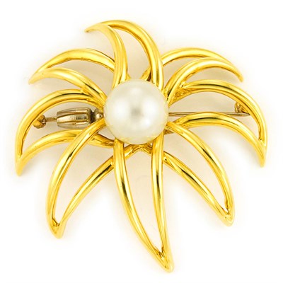 Lot 124 - Gold and Cultured Pearl Flower Brooch and Enamel and Diamond Lady Bug Brooch