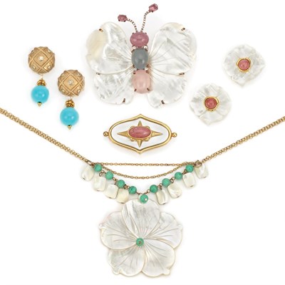 Lot 943 - Group of Carved Mother-of-Pearl, Hardstone and Diamond Jewelry