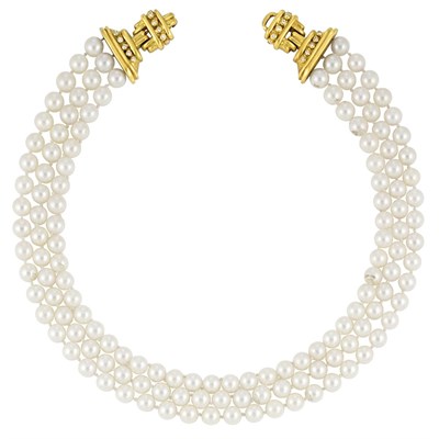 Lot 740 - Triple Strand Cultured Pearl Necklace with Gold and Diamond Clasp