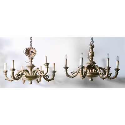 Lot 477 - Pair of Silvered Wood Six-Light Chandeliers...