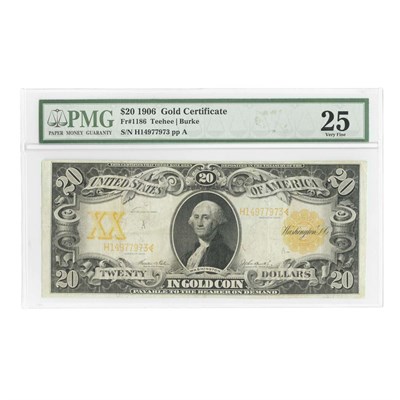 Lot 1138 - 1906 $20 Gold Certificate, Fr. 1186 Very Fine...