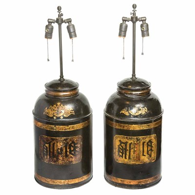Lot 580 - Pair of Gilt Decorated Black Painted Tole Tea...