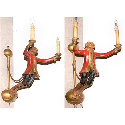 Lot 193 - Pair of Painted Monkey-Form Two-Light Sconces...