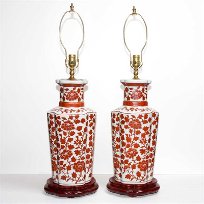 Lot 532 - Pair of Chinese Red and White Porcelain Lamps...