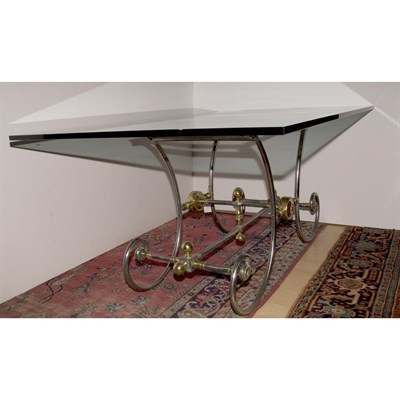 Lot 209 - French Glass Top Steel and Brass Dining Table...