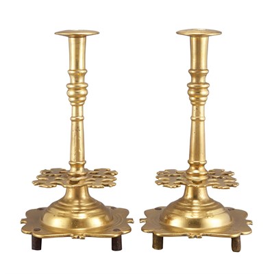 Lot 228 - Pair of Continental Baroque Brass Candlesticks...