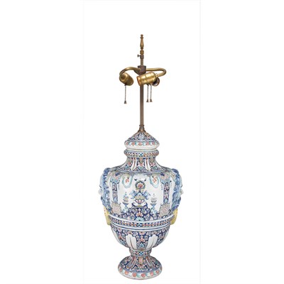 Lot 223 - Delft Polychrome Decorated Lamp Of urn form,...