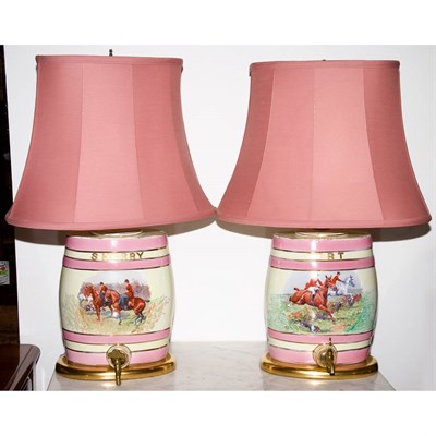 Lot 215 - Pair of Porcelain Wine Barrel Form Lamps...