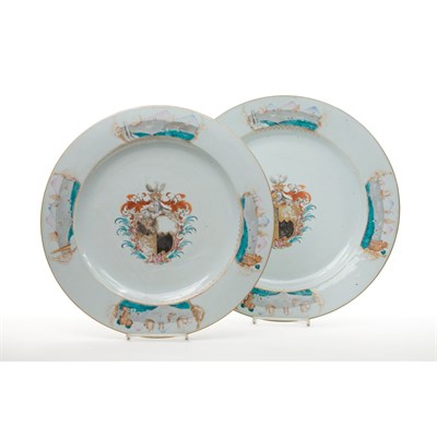 Lot 324 - Two Chinese Export Armorial Porcelain Chargers...
