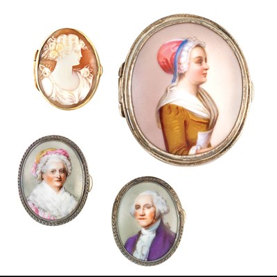 Lot 559 - Three Oval Sterling Silver and Porcelain Enamel Cases and Gold and Shell Cameo Case