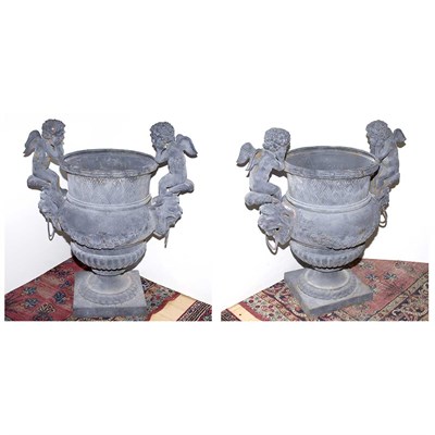 Lot 201 - Pair of Neoclassical Style Iron Garden Urns...
