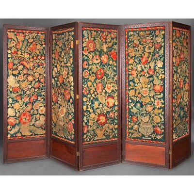 Lot 1483 - Needlepoint and Mahogany Five-Panel Screen...