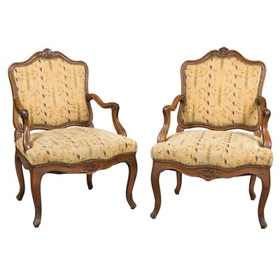 Lot 1465 - Pair of Louis XV Style Walnut Fauteuils