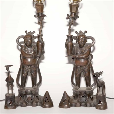 Lot 148 - Pair of Chinese Bronze Figural Lamps Height 16...