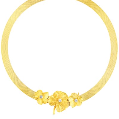Lot 158 - Gold and Diamond Flower Mesh Necklace