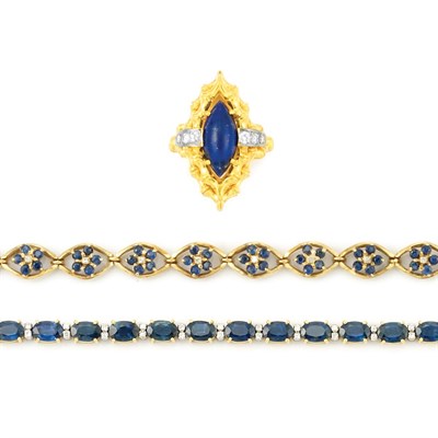 Lot 439 - Two Gold, Sapphire and Diamond Bracelets and Lapis and Diamond Ring
