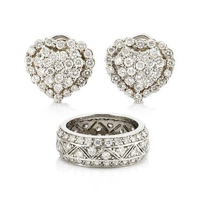 Lot 120 - Pair of White Gold and Diamond Earrings and Platinum and Diamond Band Ring