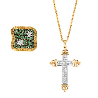Lot 635 - Gold, Green Garnet, Yellow Sapphire and Diamond Ring and Diamond Cross Pendant with Chain