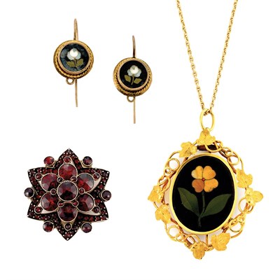 Lot 52 - Pietra Dura Pendant-Brooch, Pair of Antique Pietra Dura Earrings and Antique Garnet Pin