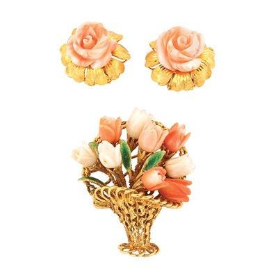 Lot 35 - Pair of Gold and Carved Angel Skin Coral Flower Earclips and Bouquet Brooch