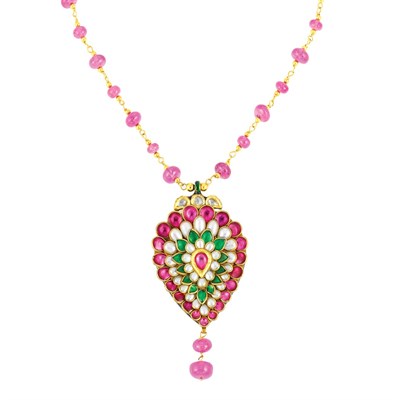 Lot 255 - Indian Gold and Ruby Bead Chain Necklace with Foiled-Back Ruby and Emerald, Biwa Pearl, Ruby Bead and Black Enamel Pendant