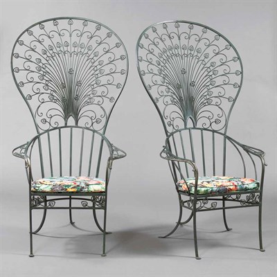 Lot 1484 - Pair of Painted Metal Peacock-Form Garden Chairs