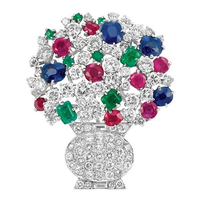 Lot 169 - Platinum, Diamond and Gem-Set Bouquet Brooch