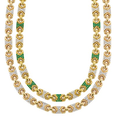 Lot 101 - Pair of Gold, Diamond and Emerald Necklaces