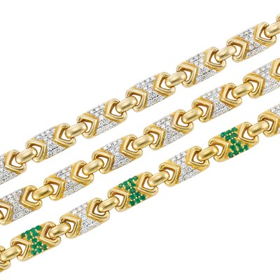 Lot 100 - Three Gold, Diamond and Emerald Bracelets