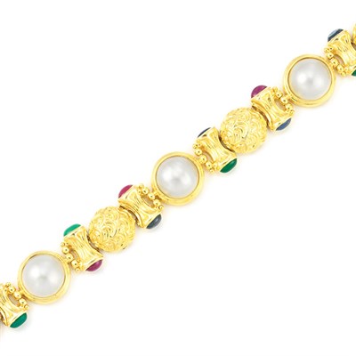 Lot 126 - Gold, Mabe Pearl and Cabochon Colored Stone Bracelet