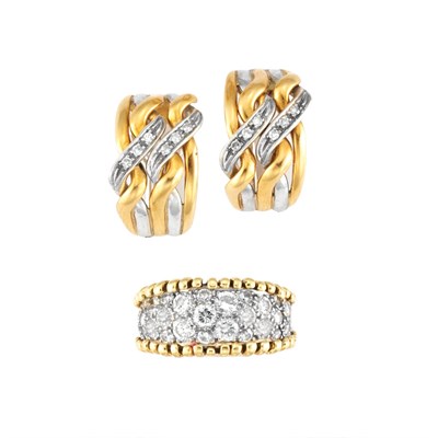 Lot 38 - Two-Color Gold and Diamond Band Ring and Pair of Half-Hoop Earrings
