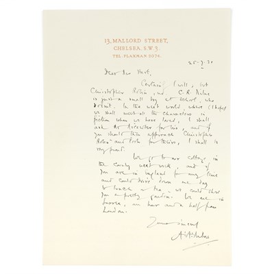 Lot 132 - MILNE, ALAN ALEXANDER Autograph letter signed,...