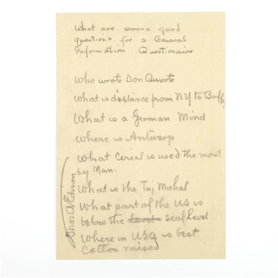 Lot 71 - EDISON, THOMAS ALVA Autograph questionnaire...